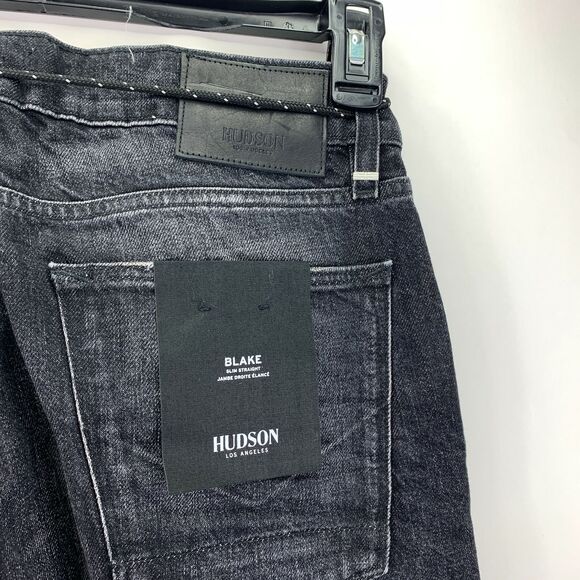 Hudson Mens Blake Distressed Slim Fit Straight Leg Jeans Black 32 - Picture 3 of 5